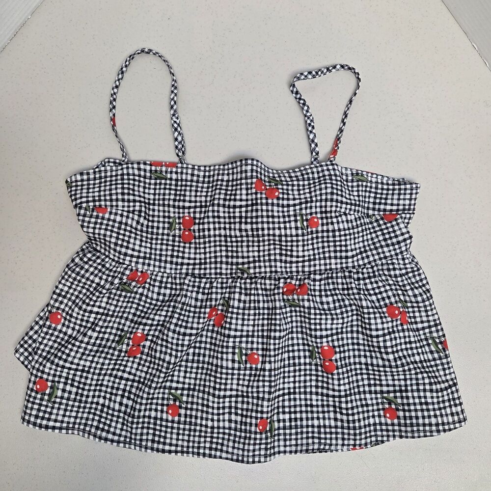 Women Cherries Crop Babydoll Cami Top XL Black Plaid Adjusted Straps Cottagecore